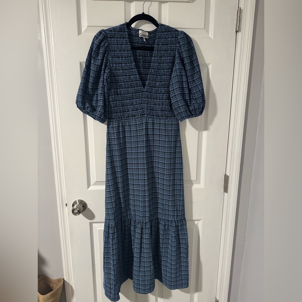 Ganni Blue and Black Puff Sleeve Dress
